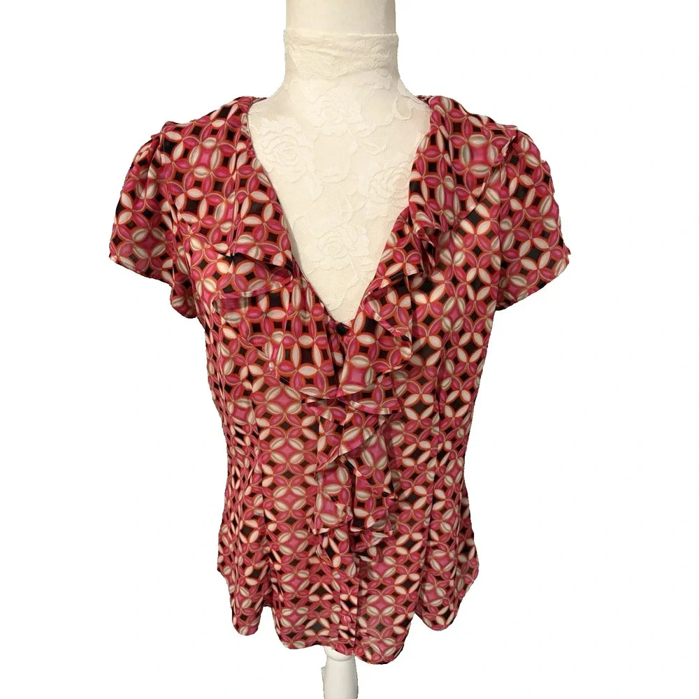 Banana Republic Fuchsia Pink Blouse~M~ Ruffle Collar Fitted Puff Slvs Feminine